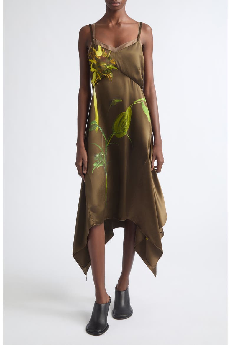 Sunflower Print Silk Slipdress, Main, color, BROWN