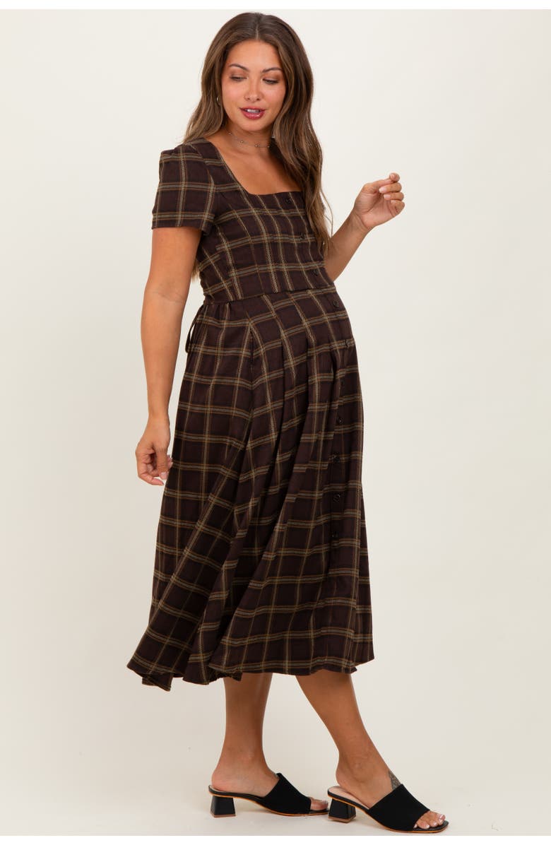 PinkBlush Plaid Button Down Midi Dress, Alternate, color, Brown