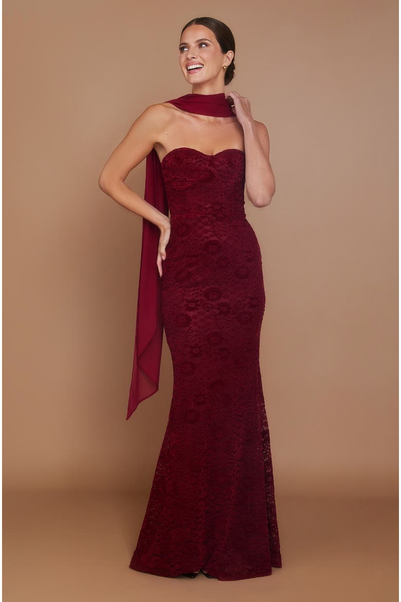 Velvet Lace Corset Bandeau Maxi Dress, Alternate, color, Wine