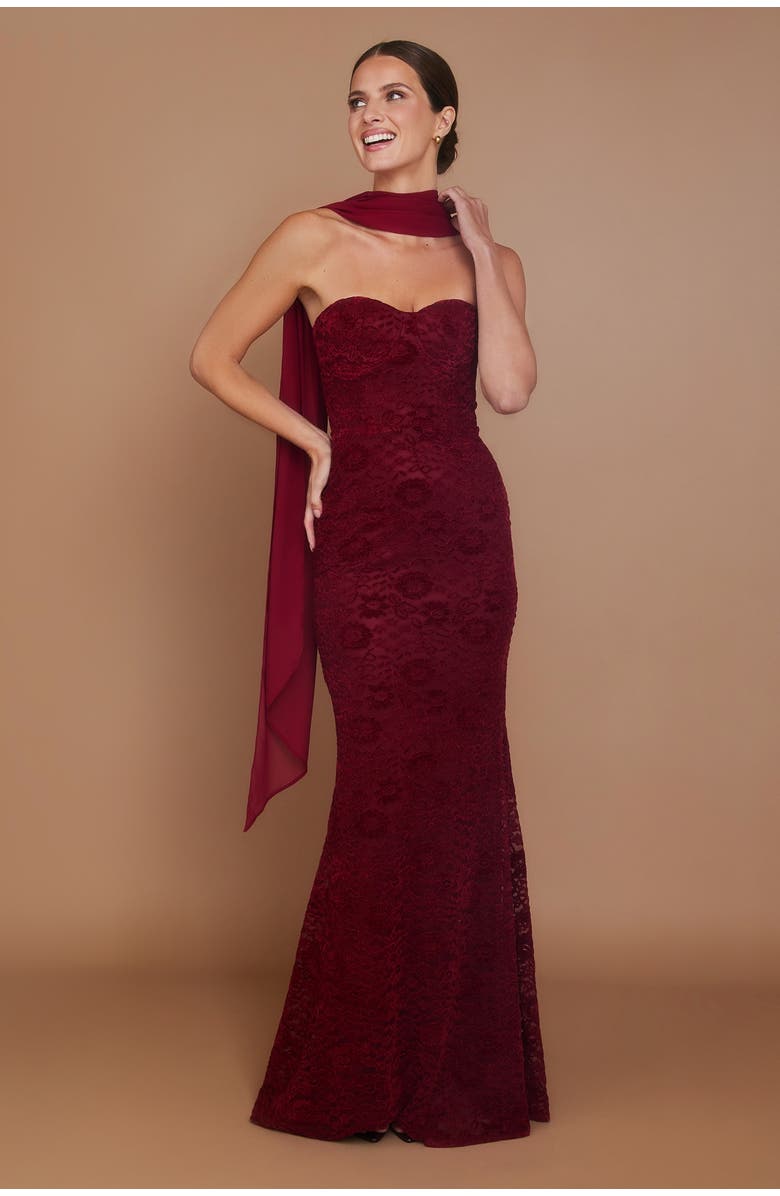 Six Stories Velvet Lace Corset Bandeau Maxi Dress, Alternate, color, Wine