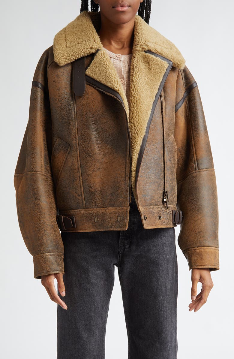 Acne Studios Leather & Genuine Shearling Biker Jacket, Main, color, 