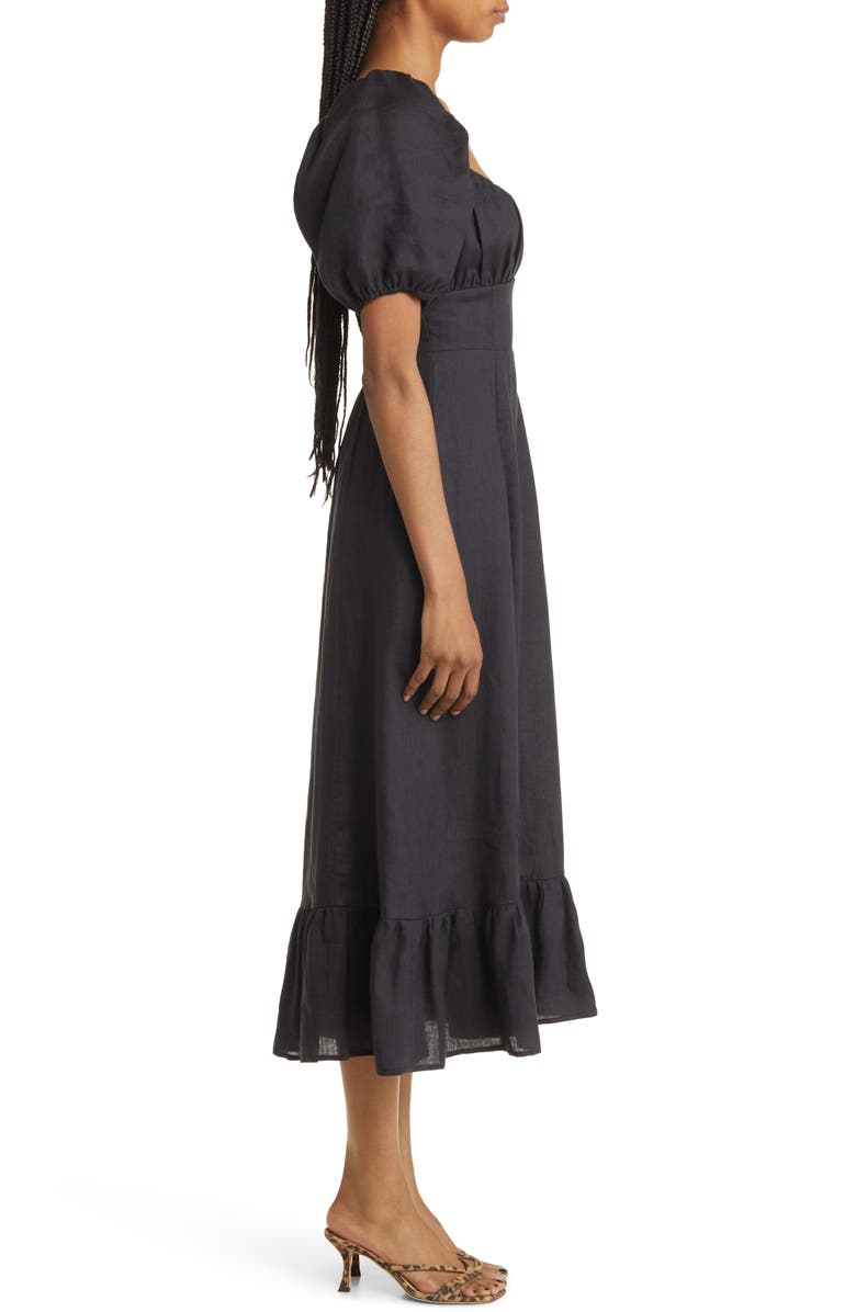 & Other Stories Puff Sleeve Linen Midi Dress, Alternate, color, Black