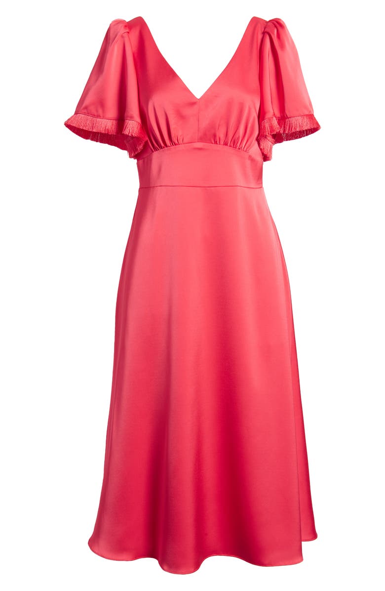 Vince Camuto Fringe Flutter Sleeve Satin Midi Dress, Alternate, color, 