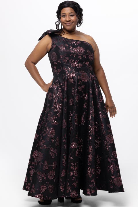 One Shoulder Brocade Plus Size Formal Dress with Bow