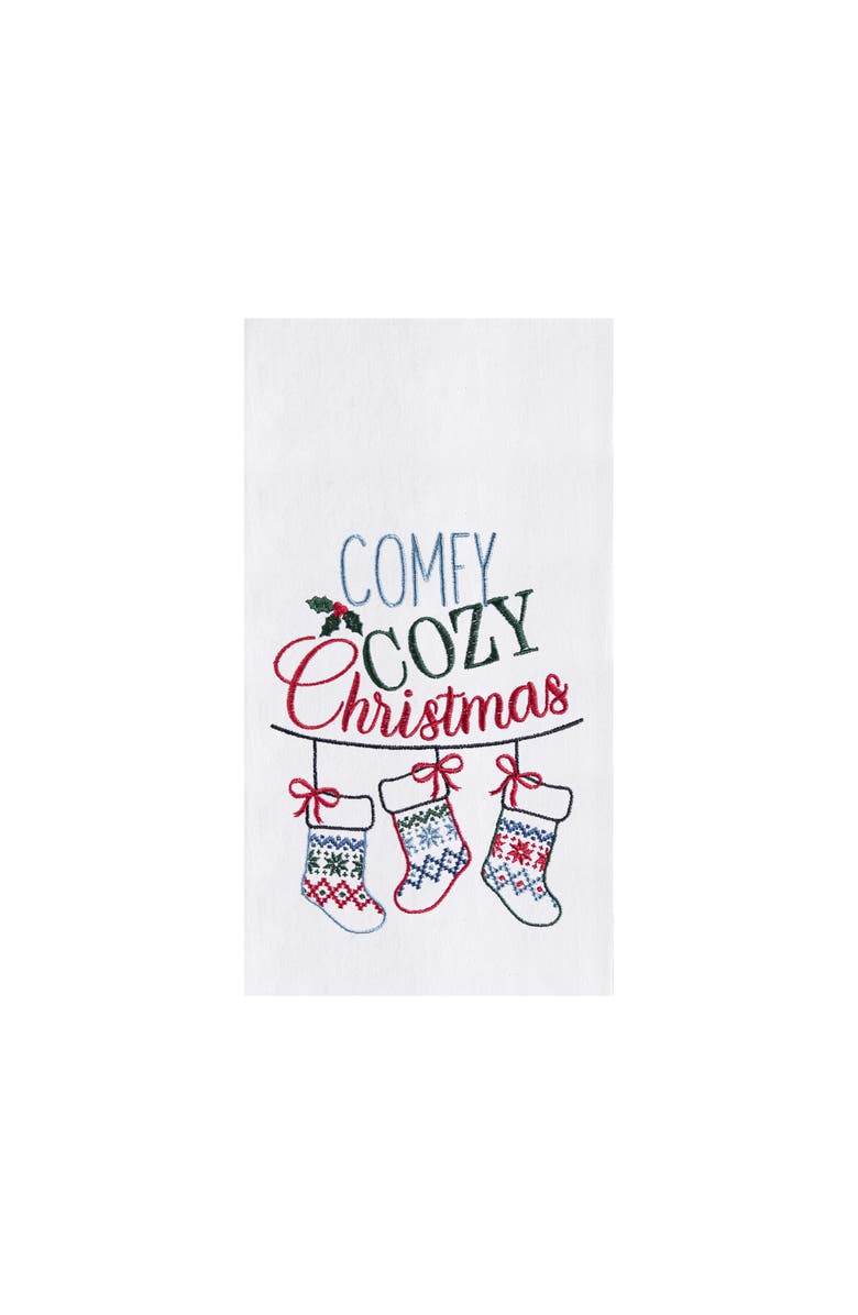 C&F Home Winter "Comfy Cozy Christmas" Sentiment Featuring Hanging Stockings Cotton Flour Sack Kitchen Dish Towel 27L x 18W in., Main, color, Blue