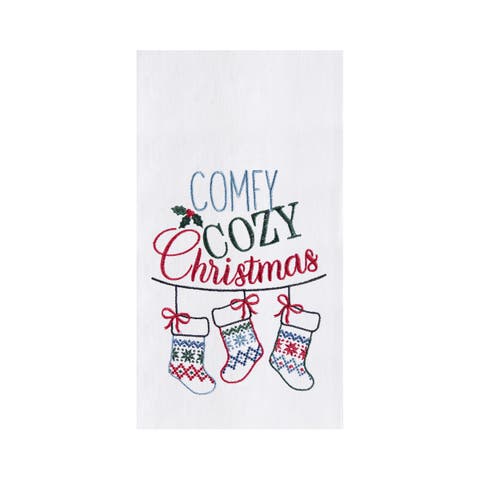 Winter "Comfy Cozy Christmas" Sentiment Featuring Hanging Stockings Cotton Flour Sack Kitchen Dish Towel  27L x 18W in.