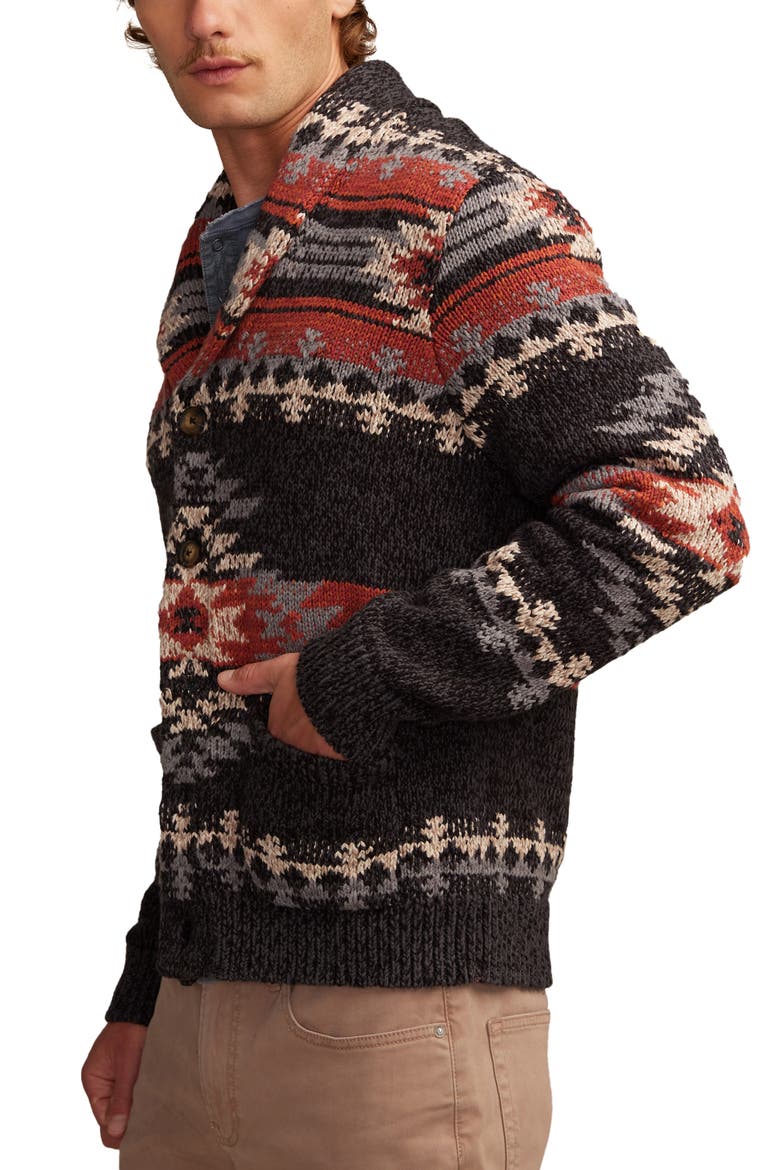 Intarsia Blanket Cotton Shawl Collar Cardigan, Alternate, color, CAVIAR MULTI