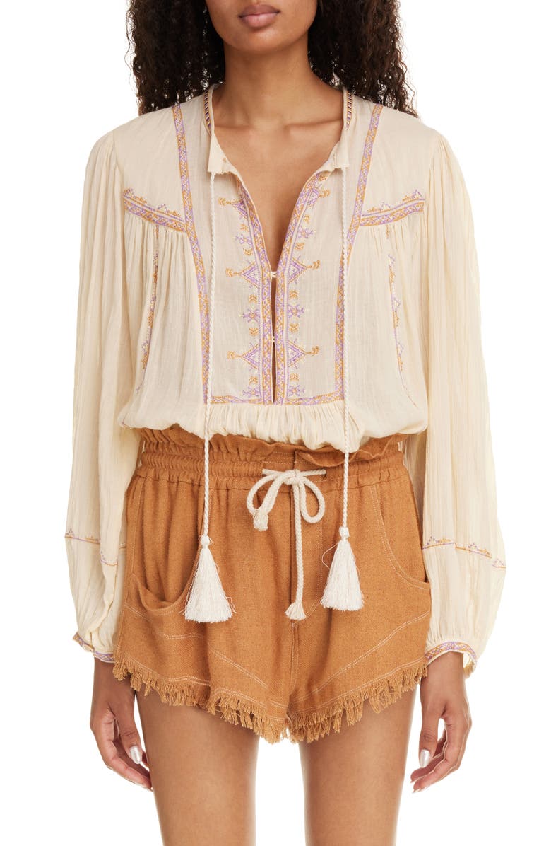 Isabel Marant Étoile Silekia Embroidered Tassel Tie Cotton Top, Main, color, Sunlight