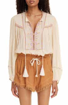Isabel Marant Étoile Silekia Embroidered Tassel Tie Cotton Top