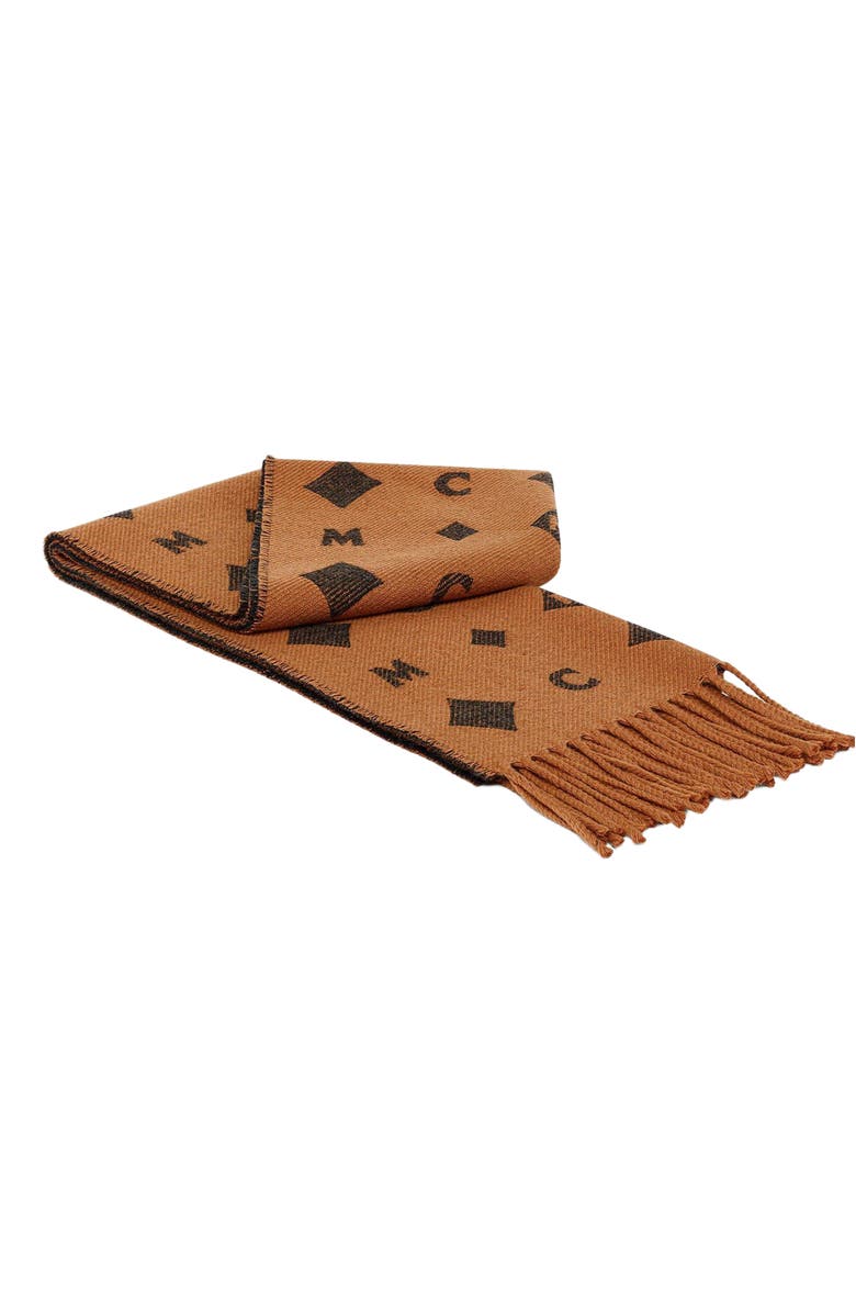 MCM Bicolor Monogram Jacquard Stole, Alternate, color, Cognac