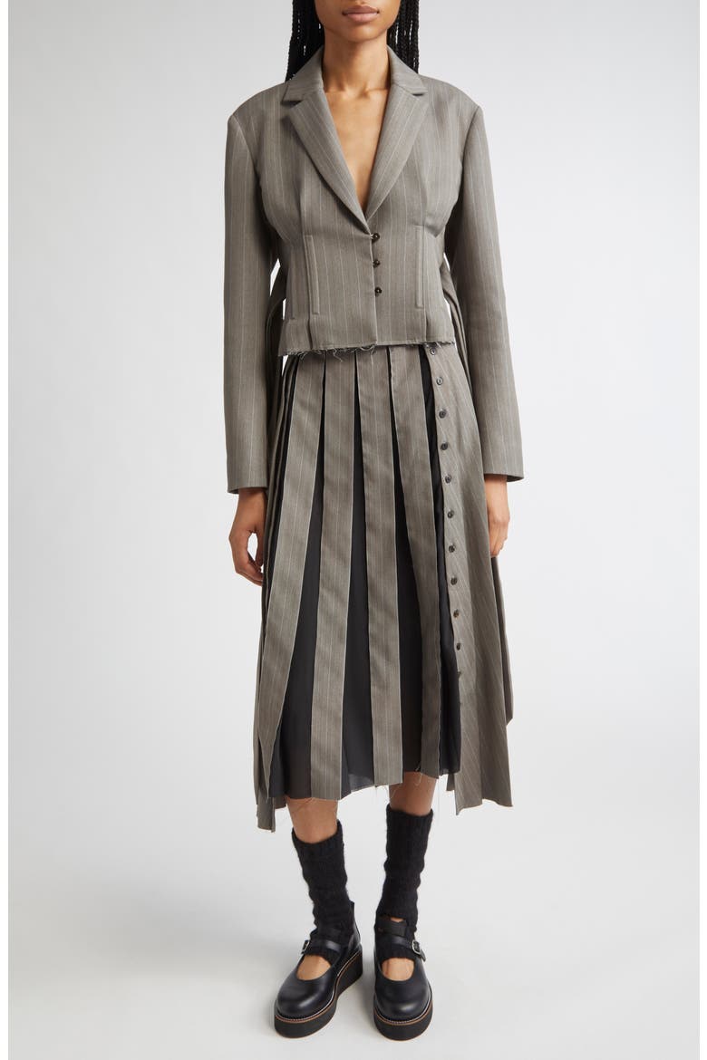 Pleated Pinstripe Shifted Suiting Skirt, Alternate, color, GREY