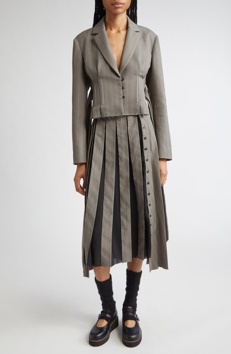 Meruert Tolegen Pleated Pinstripe Shifted Suiting Skirt, Alternate, color, Grey
