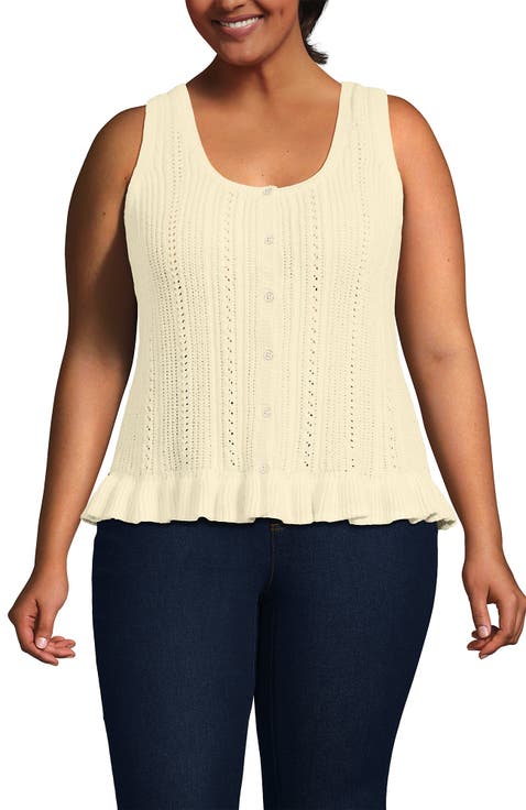 Plus Size Cotton Boucle Ruffle Hem Sleeveless Sweater