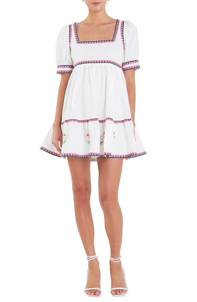 English Factory Embroidered Puff Sleeve Cotton Babydoll Dress, Main, color, Ivory Multi