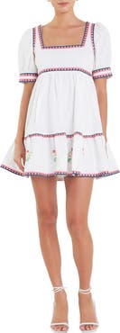 English Factory Embroidered Puff Sleeve Cotton Babydoll Dress