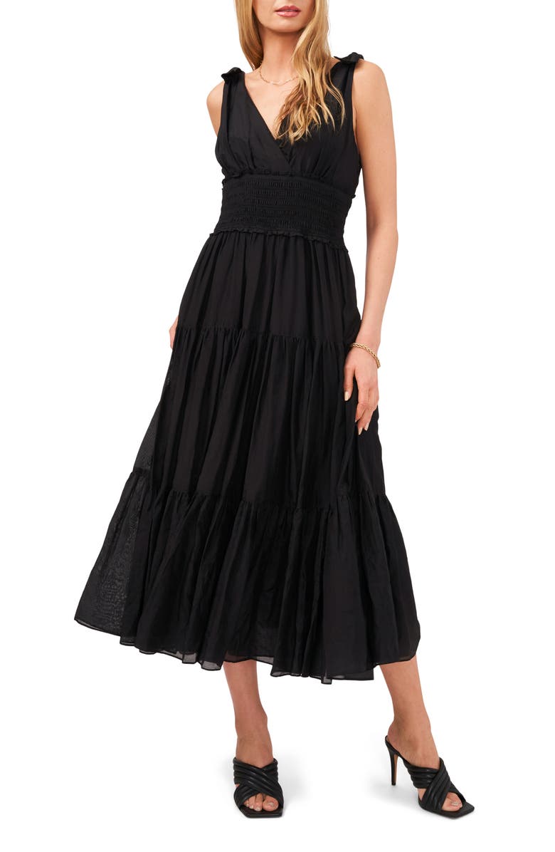 Vince Camuto Smocked Waist V-Neck Cotton Midi Dress, Main, color,