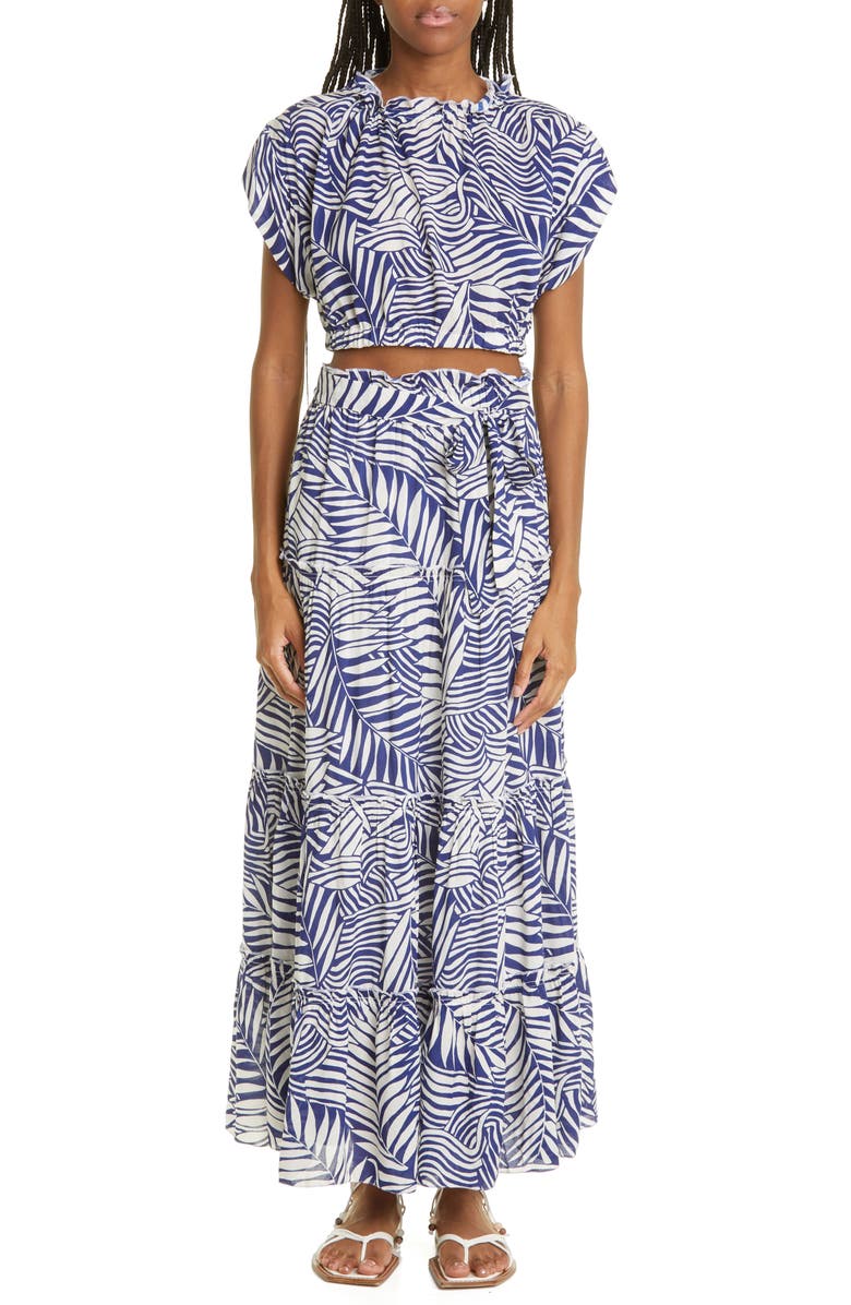 lemlem Palm Leaf Ruched Cover-Up Crop Top, Alternate, color, Royal Blue