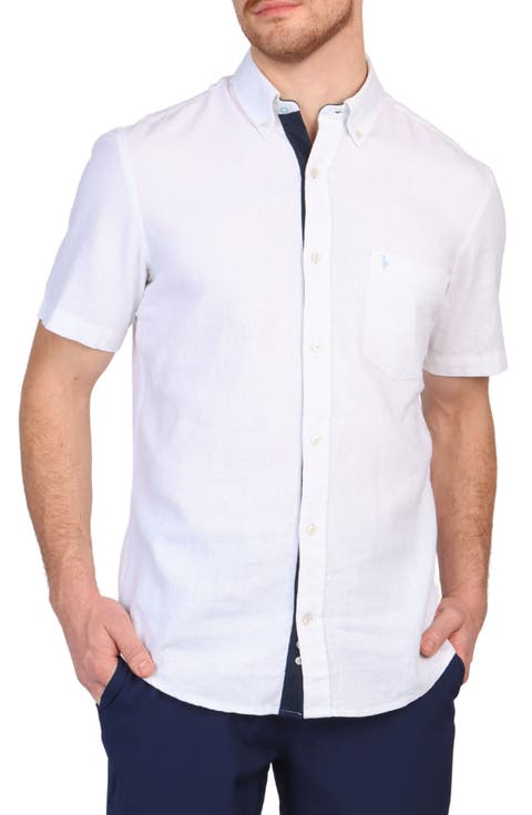Solid Linen Blend Short Sleeve Button-Down Shirt