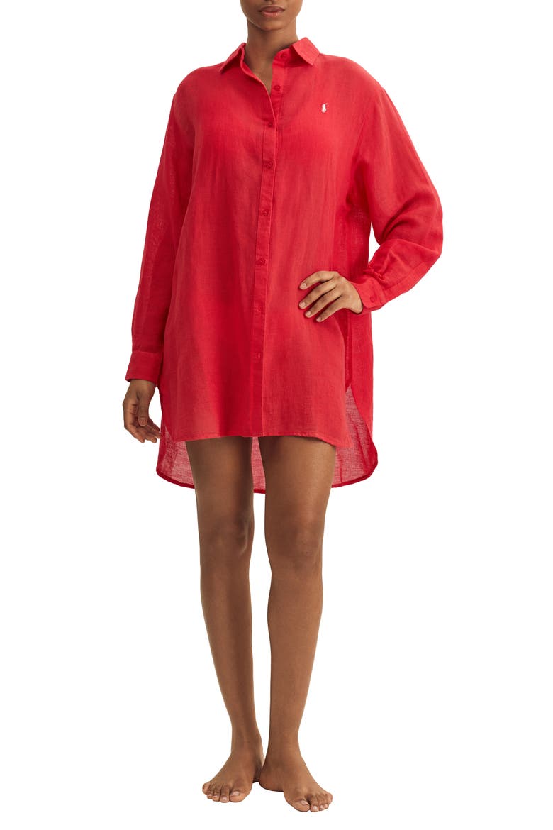 Boyfriend Long Sleeve Cover-Up Tunic, Main, color, CRUISE RED
