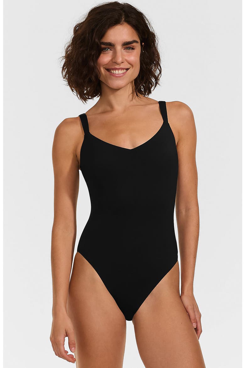 V-Neck High Leg Strappy Back One Piece, Main, color, Black
