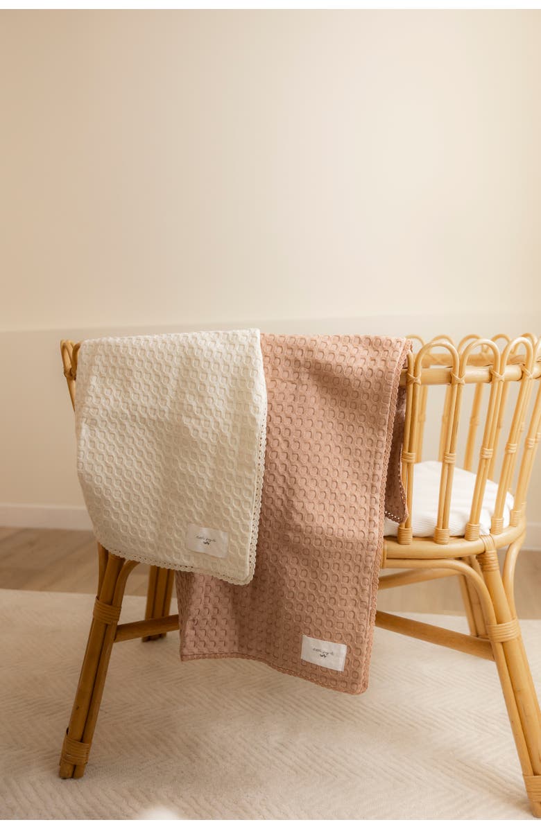Little Fragile Textured Waffle Lace Trim Cotton Blanket, Alternate, color, Vanilla