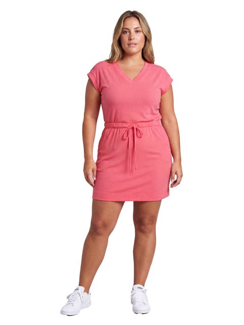 Curvy Essential Ribbed Knit V-Neck Drawstring Waist Pocket Knee-Length Dress