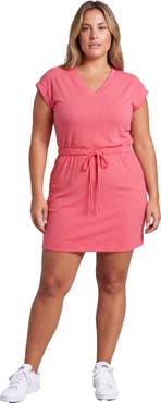 24seven Comfort Apparel Curvy Essential Ribbed Knit V-Neck Drawstring Waist Pocket Knee-Length Dress