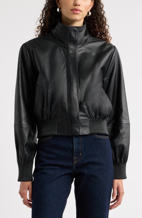 Funnel Neck Leather Bomber Jacket