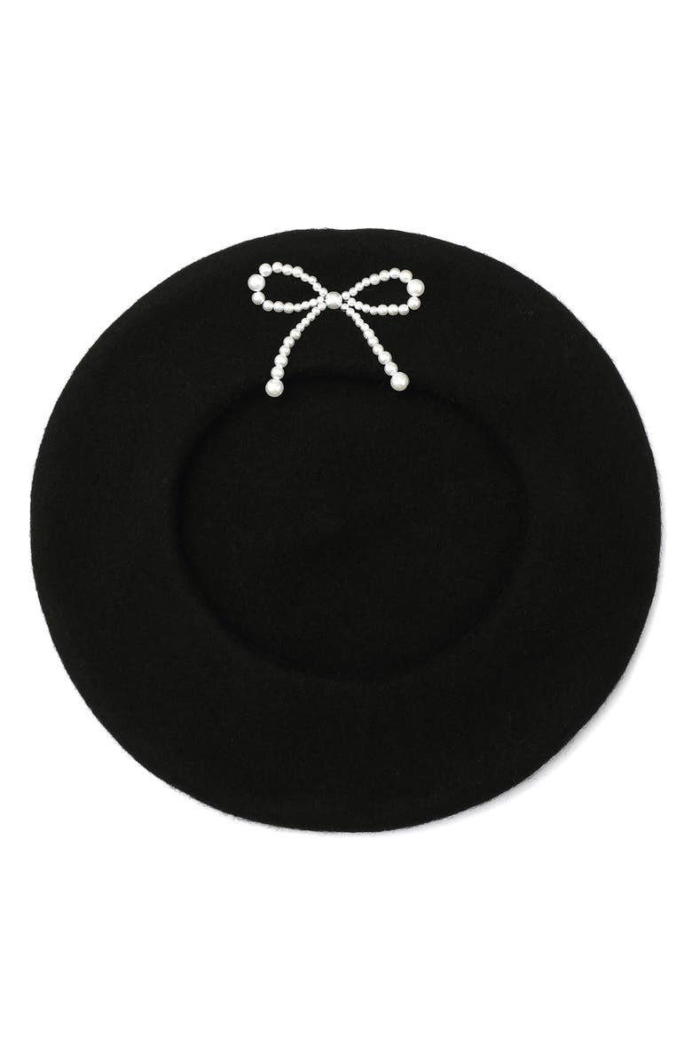 Kate Spade New York Faux Pearl Bow Beret, Main, color, Black