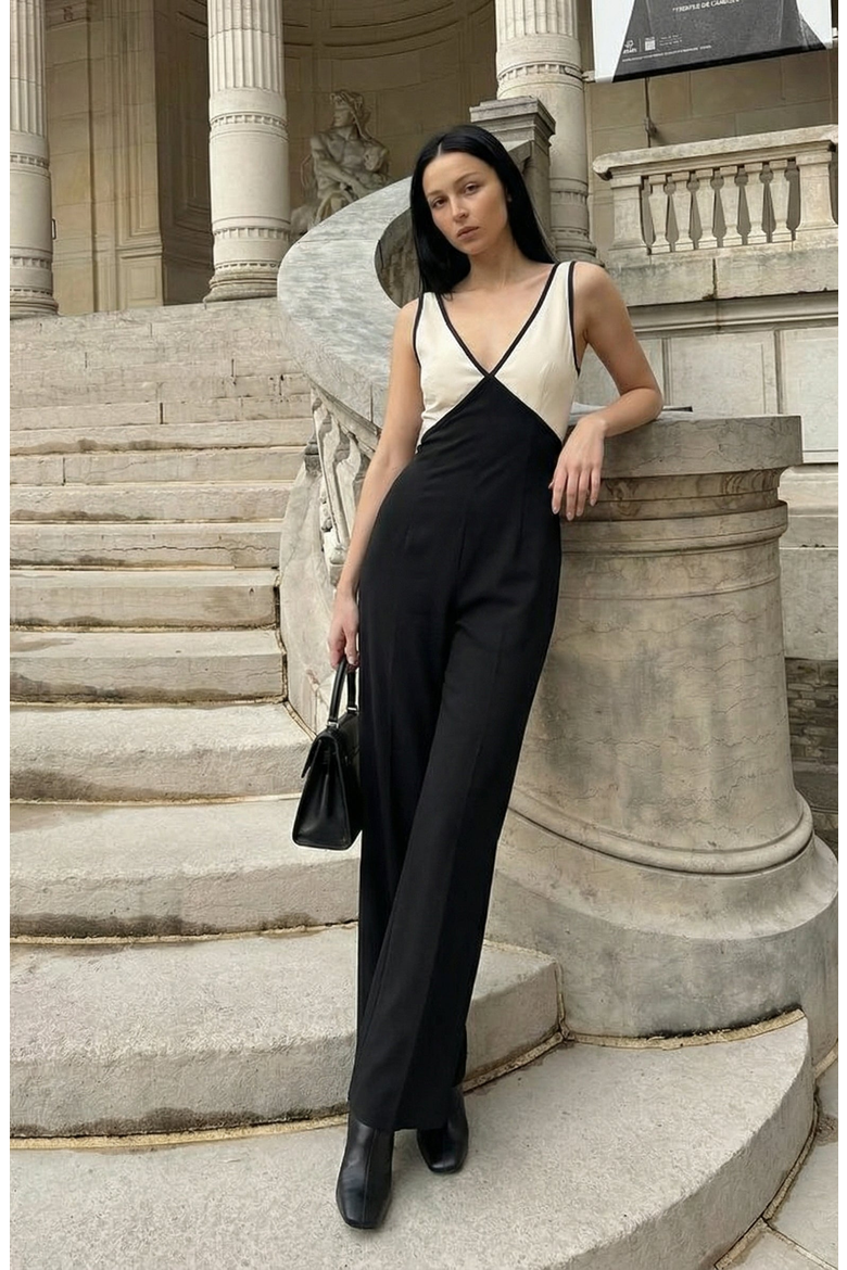 Two-Tone Wrap Bodice Jumpsuit, Alternate, color, Black / Cream