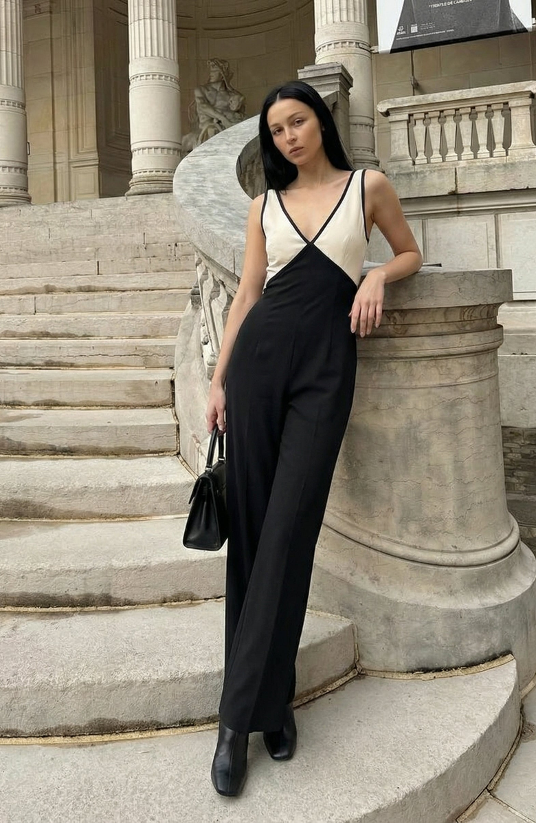 Modenaire Two-Tone Wrap Bodice Jumpsuit, Alternate, color, Black / Cream