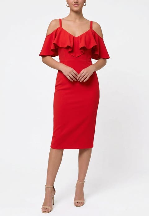 Marcella Off the Shoulder Ruffle Midi Dress