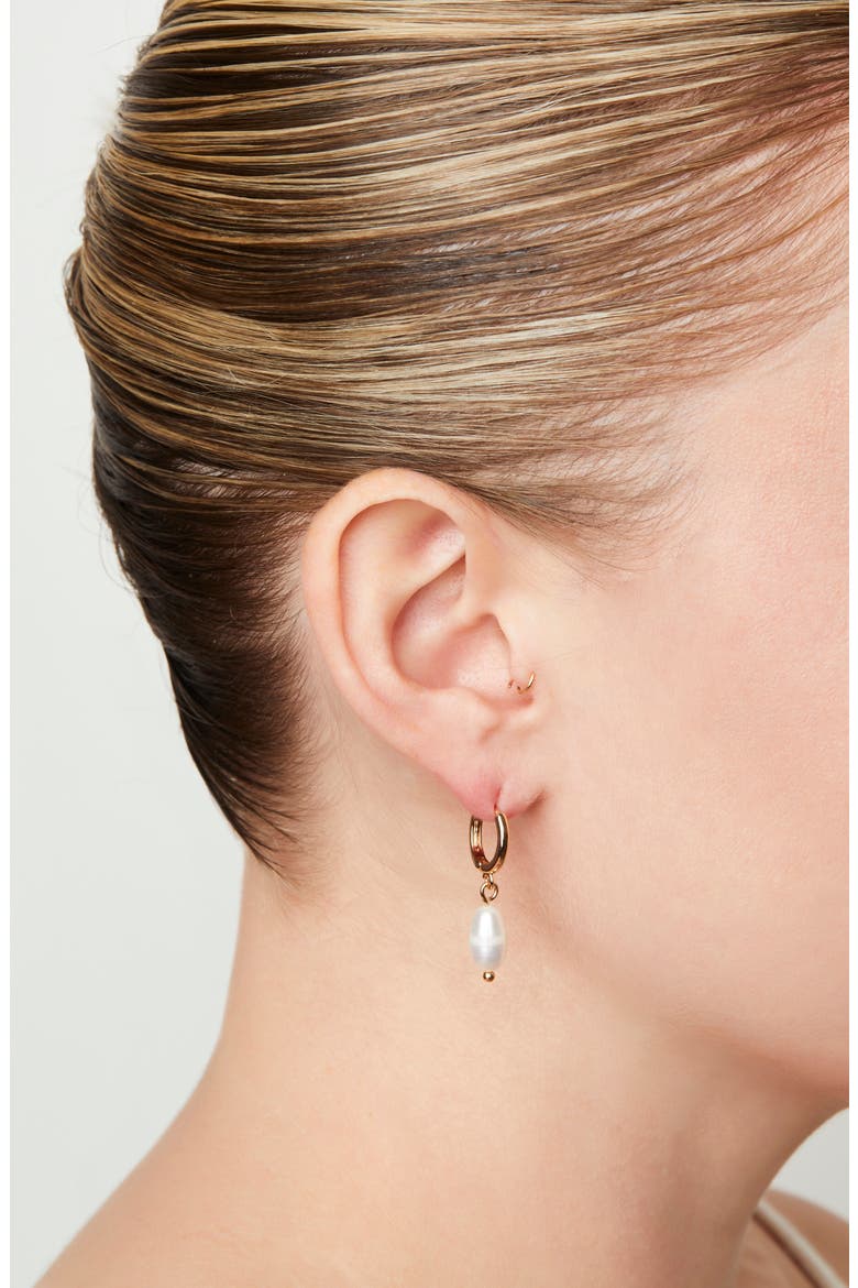 Alexandria Pearl Drop Huggie Hoop Earrings, Alternate, color, GOLD