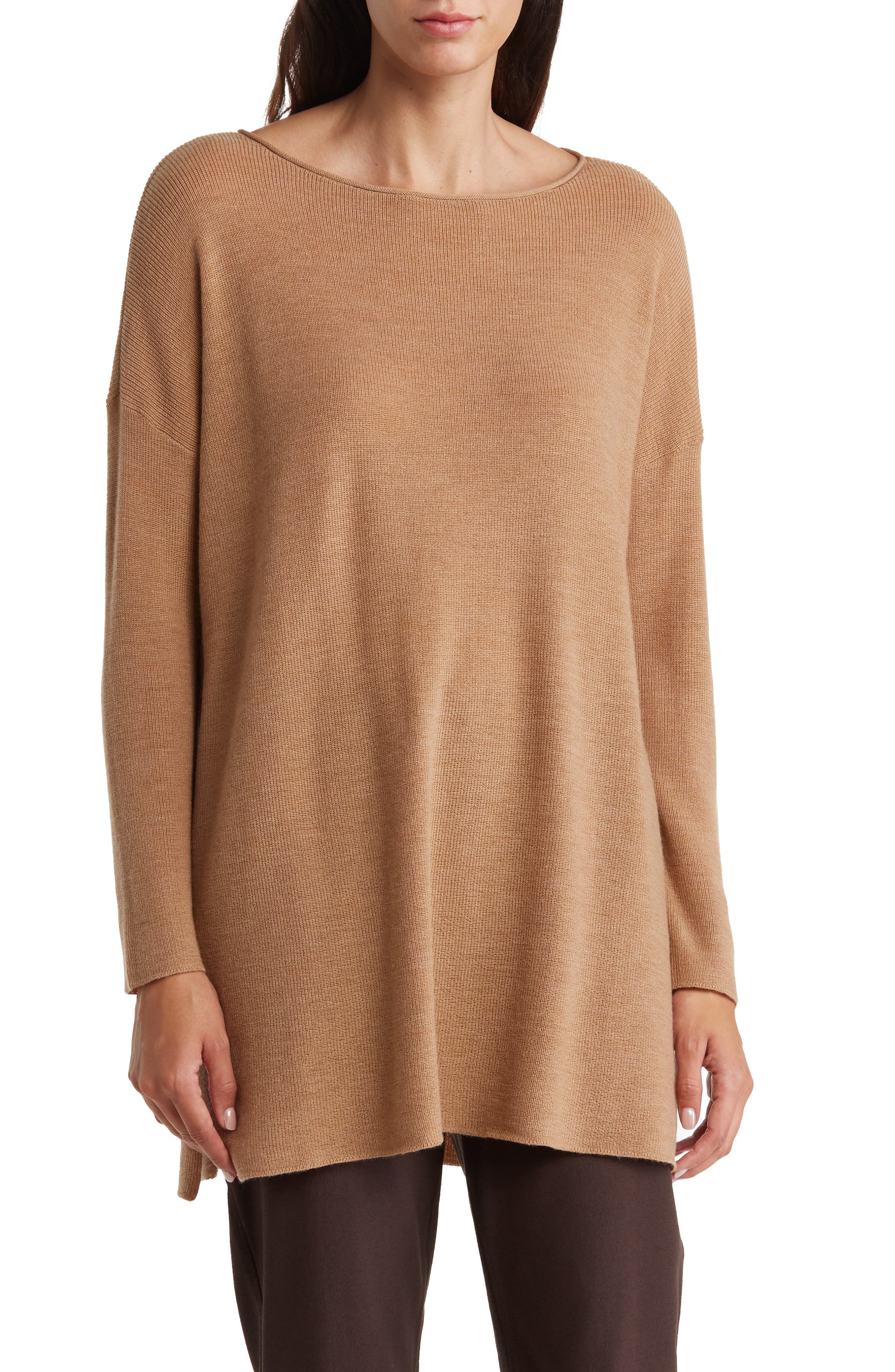 Eileen Fisher Bateau Long Sleeve Merino Wool Tunic Top
