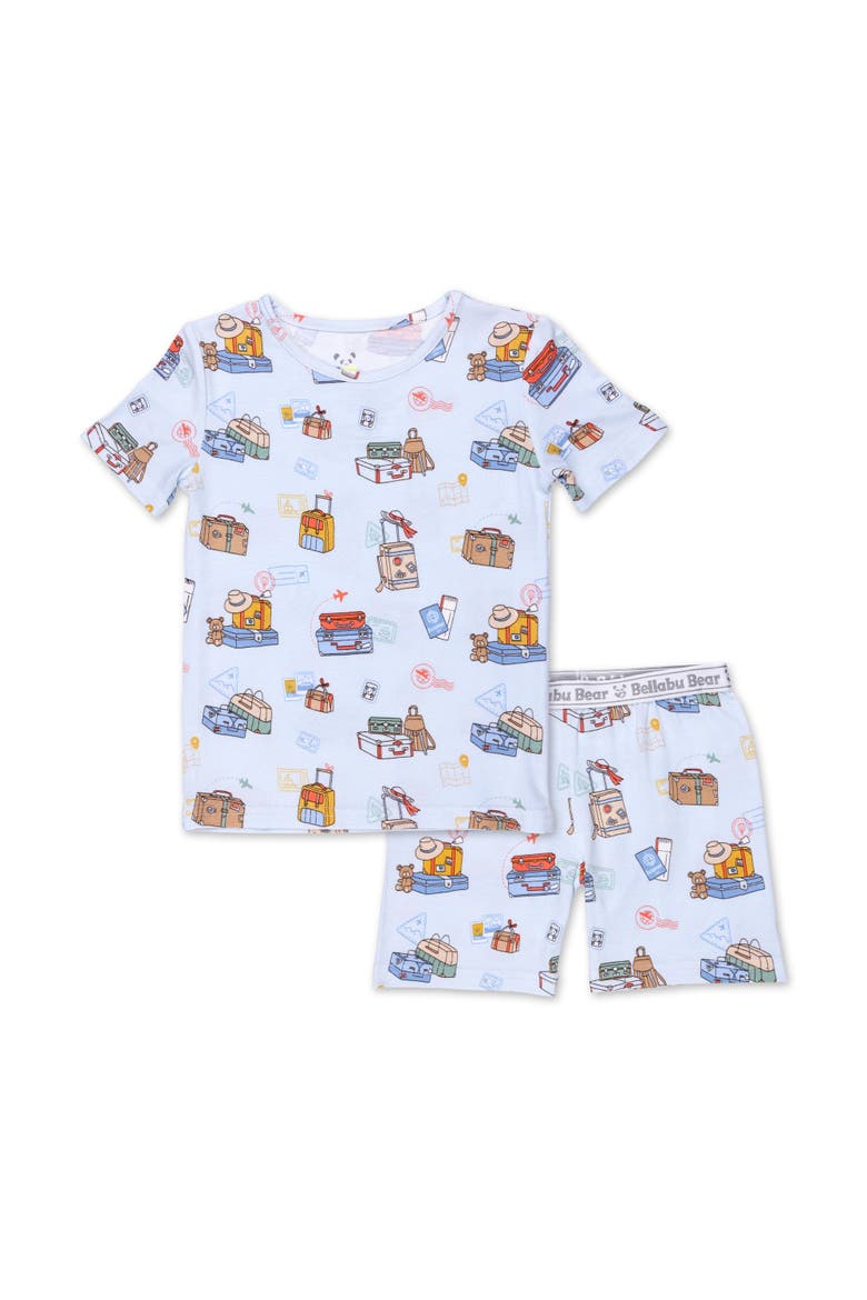 Vintage Suitcases Kids 2-Piece Short Sleeve & Shorts Pajama Set, Main, color, Vintage Suitcases