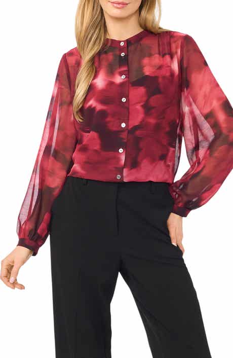 Shirred Mock Neck Button-Up Shirt