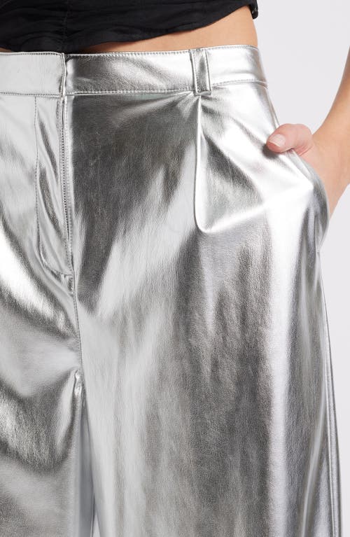 Open Edit Metallic Faux Leather Pants In Silver Metallic