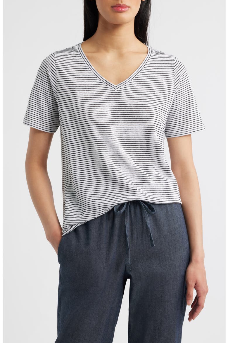Stripe V-Neck Organic Linen T-Shirt, Main, color, WHITE/ BLACK