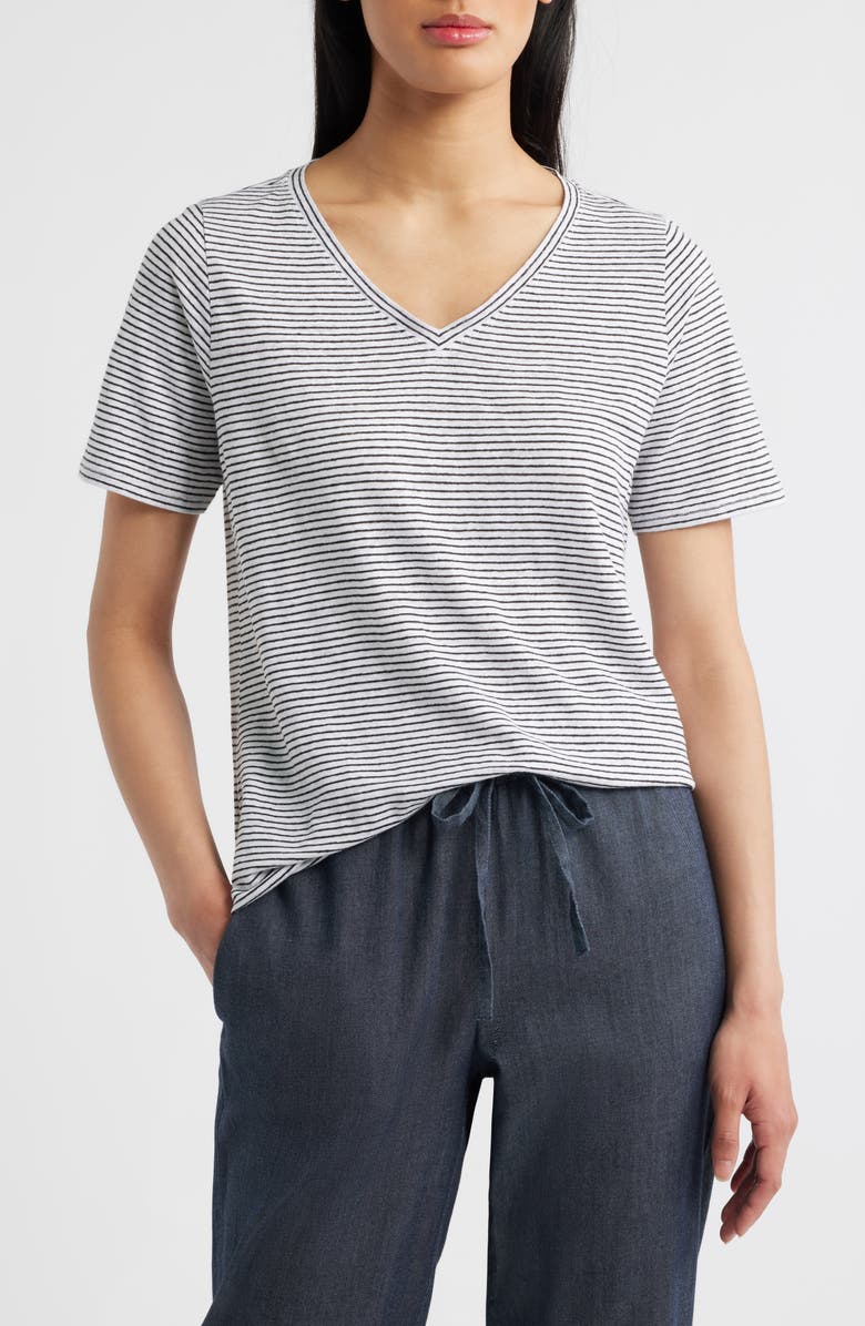 Eileen Fisher Stripe V-Neck Organic Linen T-Shirt, Main, color,