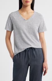 Eileen Fisher Stripe V-Neck Organic Linen T-Shirt
