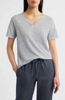 Eileen Fisher Stripe V-Neck Organic Linen T-Shirt