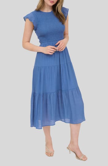 Flutter Sleeve Smocked Tiered Midi Dress