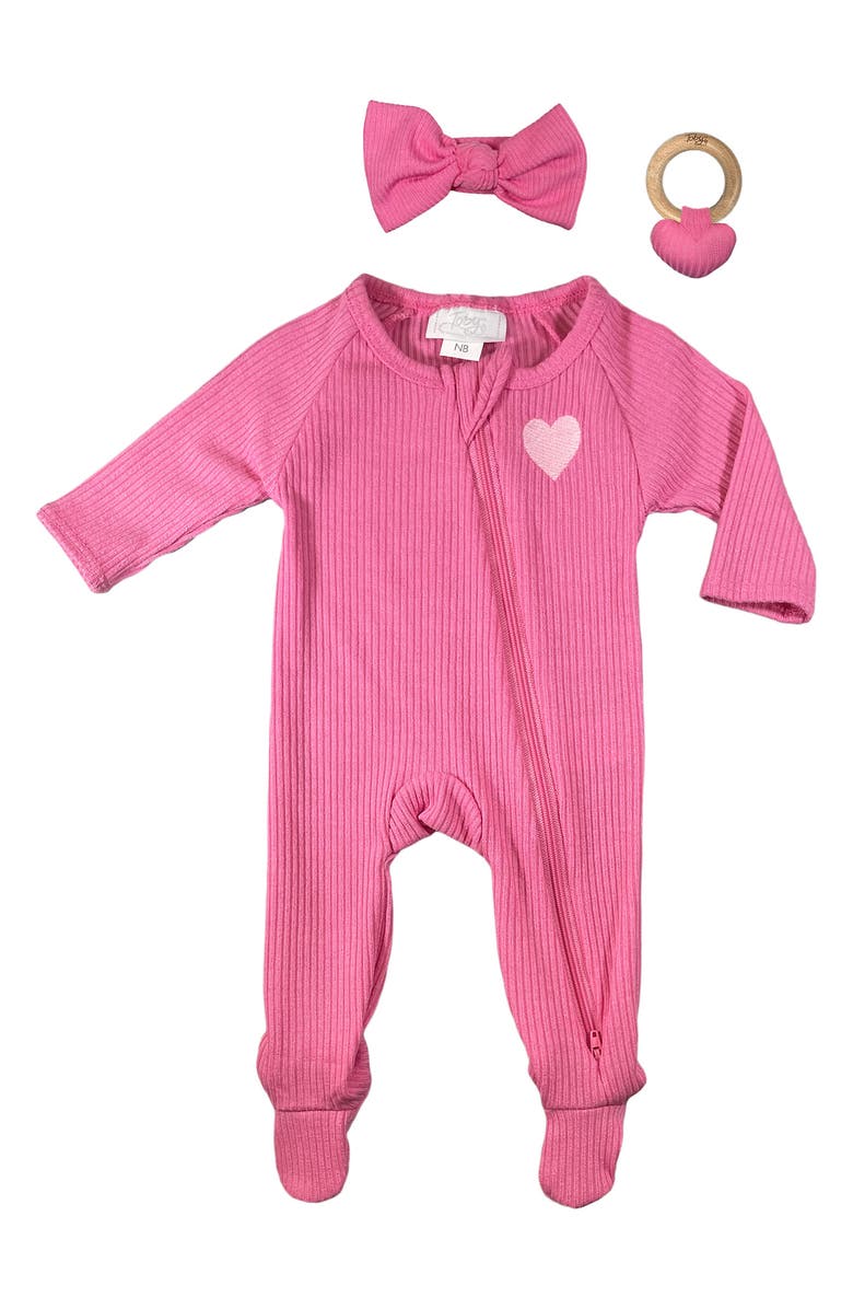 Toby Embroidered Heart Rib Knit Footie, Headband & Rattle Set, Main, color, 