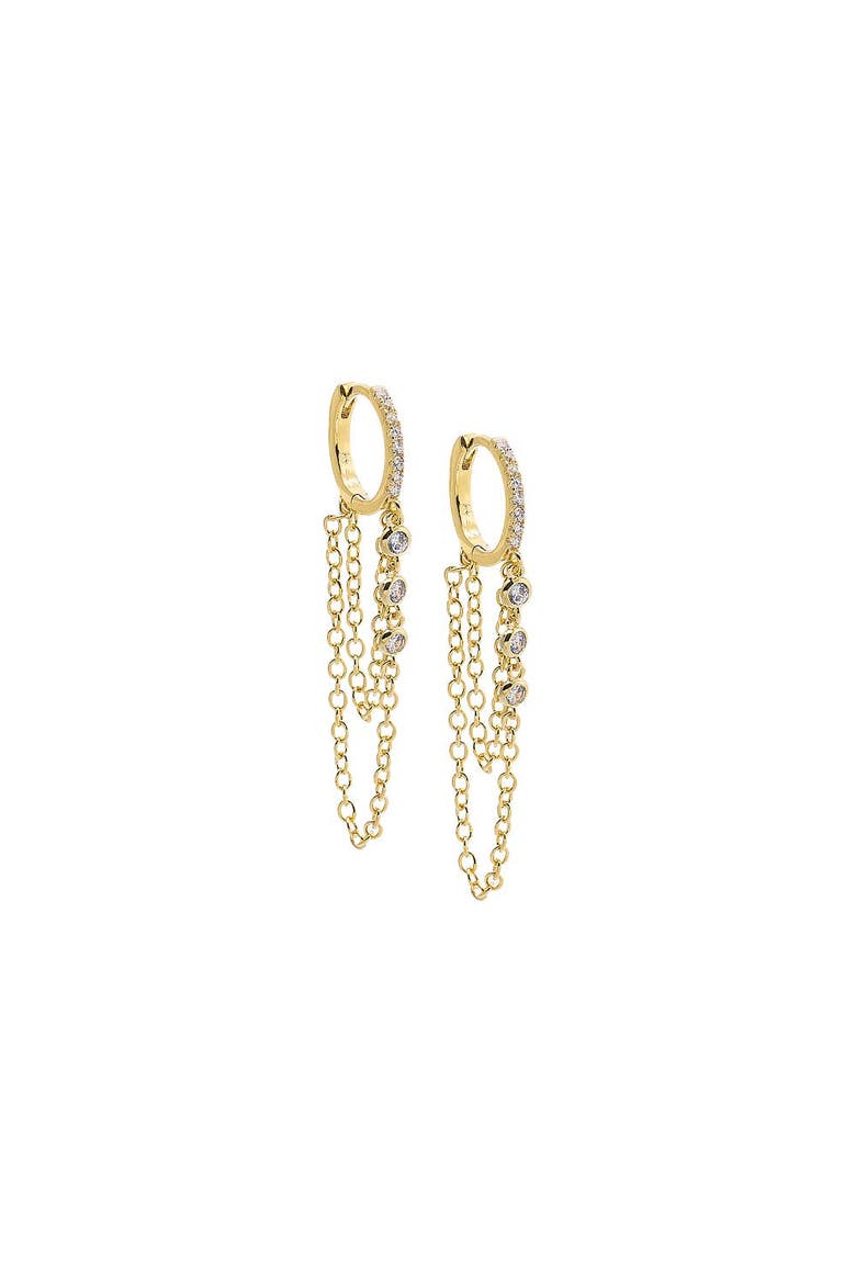 Triple CZ Bezel Chain Drop Huggie Earring, Main, color, Gold