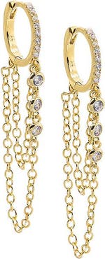 BY ADINA EDEN Triple CZ Bezel Chain Drop Huggie Earring