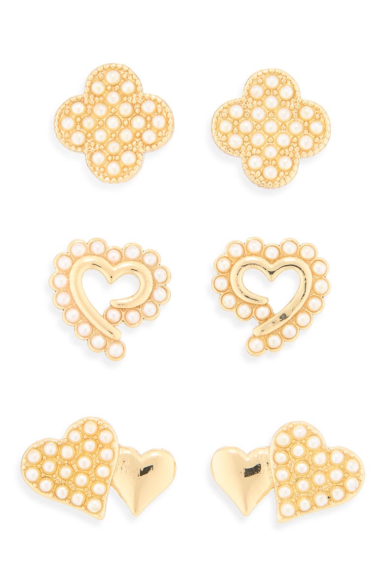 Clover & Heart Stud Earrings Set, Main, color, WHITE