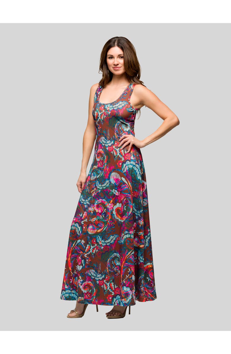 24seven Comfort Apparel V-Neck Sleeveless Maxi Dress with Belt, Alternate, color, Brown Multi