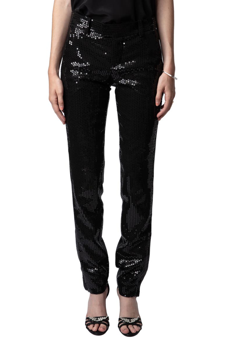 Prune Ankle Zip Sequin Straight Leg Pants, Main, color, NOIR