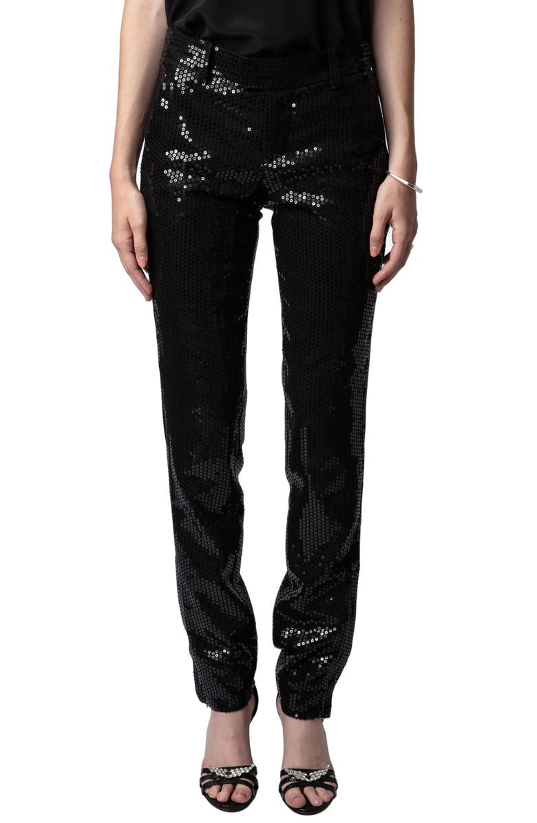 Zadig & Voltaire Prune Ankle Zip Sequin Straight Leg Pants, Main, color, Noir