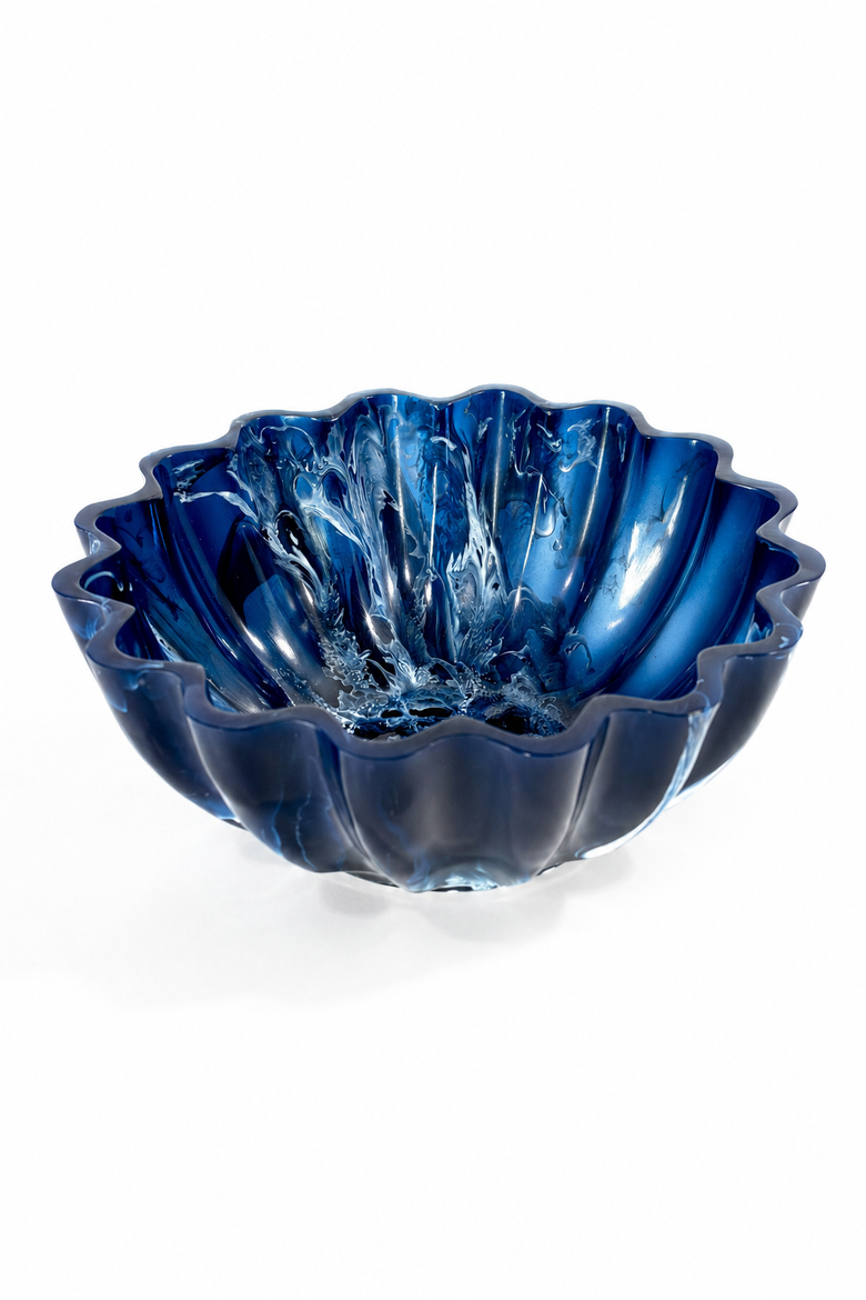 Resin Serving Bowl - Marbled Blue Scalloped Decorative Bowl, Shatterproof 11-Inch Fruit & Centerpiece Bowl for Indoor & Outdoor Luxury Entertaining, Alternate, color, Blue